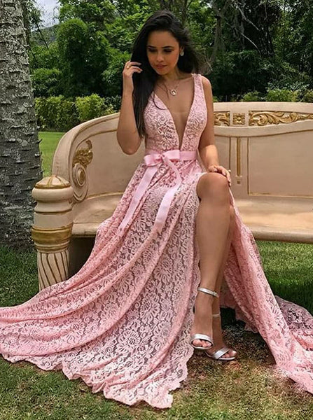 Pink Prom Dresses,Lace Prom Dress,Prom Dress with Slit,Long Evening Dress,PD00279