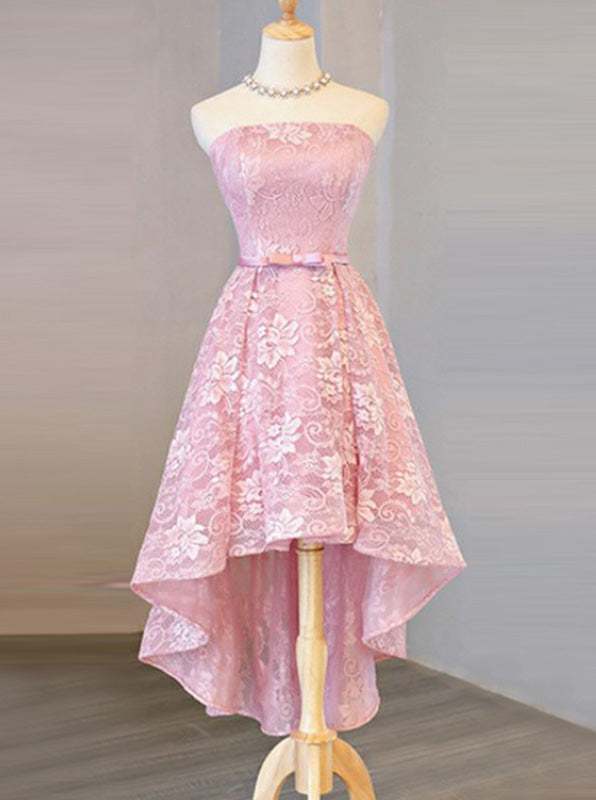 Pink Strapless Lace Homecoming Dress,High Low Prom Dress,Girl Party Dr