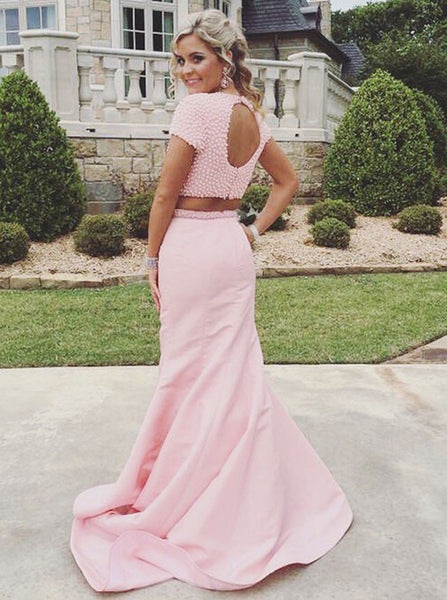 Pink Two Piece Prom Dresses,Fit and Flare Prom Dress,Open Back Prom Dress,PD00292