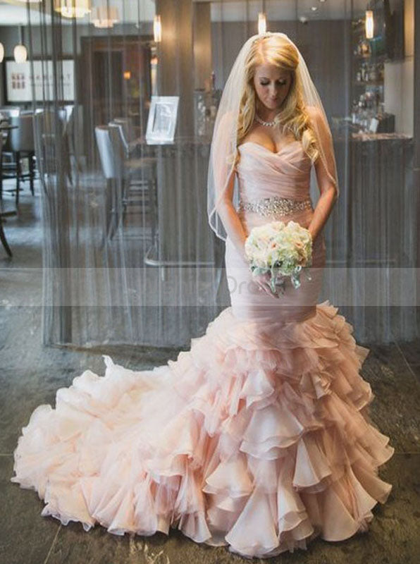 Blush Pink Wedding Dresses,Mermaid Wedding Dress with Ruffles,Organza - Wishingdress Blush Pink Wedding Dresses,Mermaid Wedding Dress with Ruffles,Organza - Wishingdress