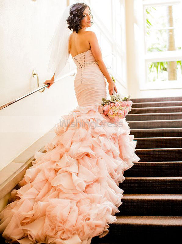 Blush Pink Wedding Dresses,Mermaid Wedding Dress with Ruffles,Organza Bridal Gown,WD00108 US6 / White