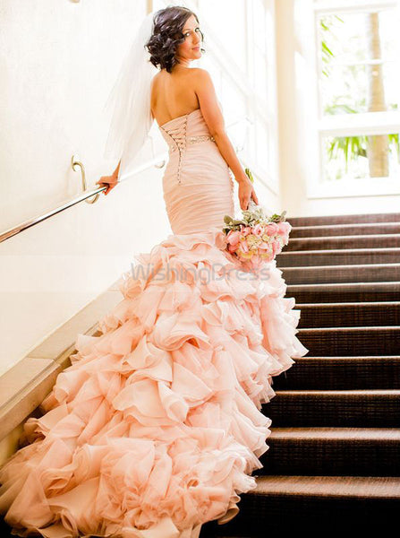 Blush Pink Wedding Dresses,Mermaid Wedding Dress with Ruffles,Organza Bridal Gown,WD00108