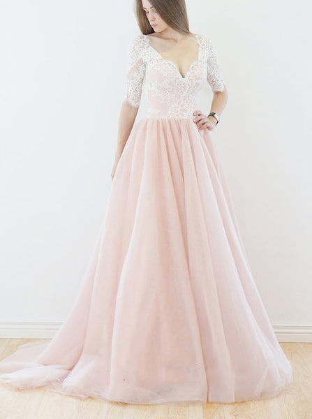 Pink Wedding Dresses,Wedding Dress with Sleeves,Charming Bridal Dress,Modest Bridal Dress,WD00107
