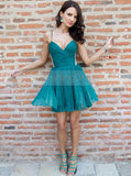 Pleated Homecoming Dresses,Green Cocktail Dresses,Strappy Cocktail Dress,CD00050