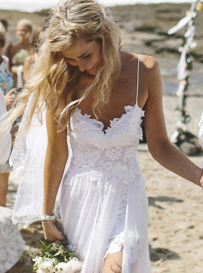 Backless Wedding Dresses,Chiffon Lace Wedding Dress,Casual Wedding Dress,Boho Bridal Dress,WD00127 US4 / Ivory