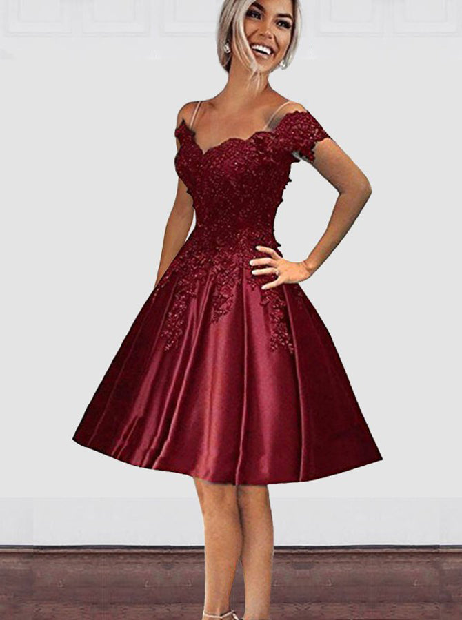A-line Homecoming Dresses,Satin Off the Shoulder Homecoming Dress,Cute