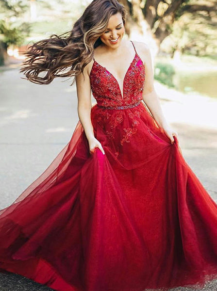 Princess A-line Prom Dress,Red Tulle Prom Dress,Stunning Evening Dress PD00030