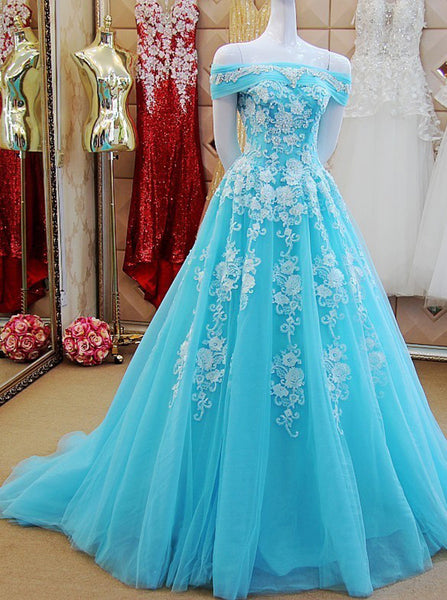 Princess Blue Tulle Prom Dress,Off the Shoulder Prom Dress with Appliques,Girl Party Dress PD00128