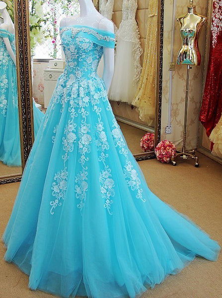 Princess Blue Tulle Prom Dress,Off the Shoulder Prom Dress with Appliques,Girl Party Dress PD00128