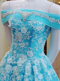 Princess Blue Tulle Prom Dress,Off the Shoulder Prom Dress with Appliques,Girl Party Dress PD00128