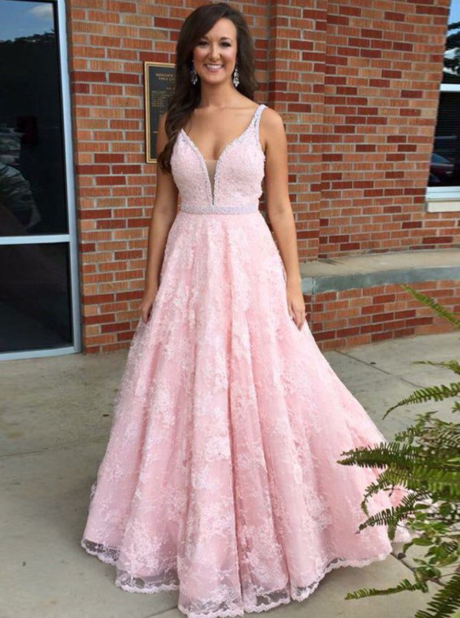 Princess Pink Prom Dress,A Line Lace Prom Dress,Stunning Evening Dress