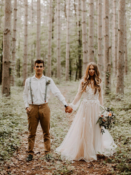 Princess Wedding Dress with Illusion Sleeves,Tulle Outdoor Wedding Dress,WD00451