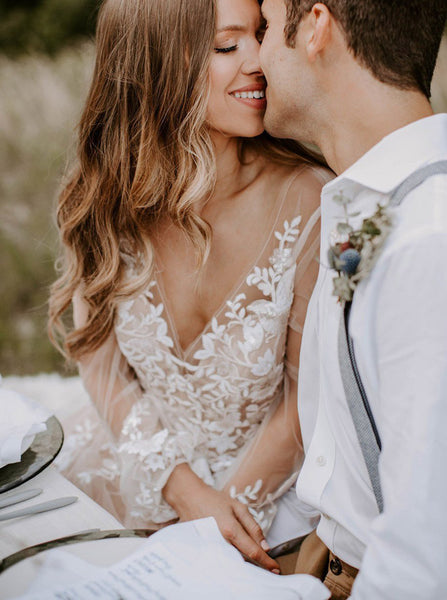 Princess Wedding Dress with Illusion Sleeves,Tulle Outdoor Wedding Dress,WD00451