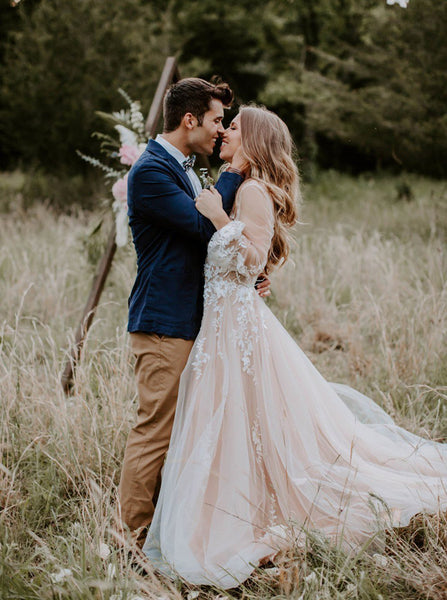 Princess Wedding Dress with Illusion Sleeves,Tulle Outdoor Wedding Dress,WD00451
