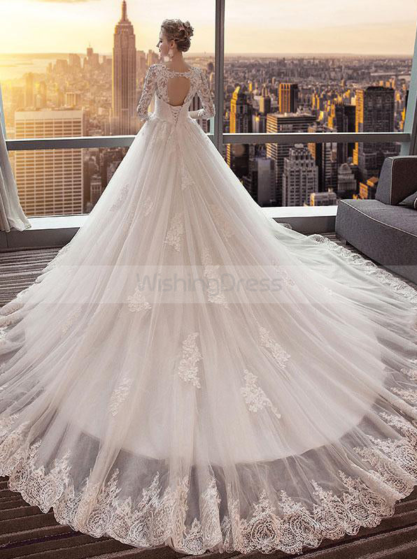 Princess Wedding Dresses,Wedding Dress with Sleeves,Tulle Long Train B