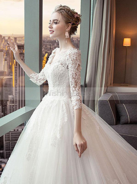 Princess Wedding Dresses,Wedding Dress with Sleeves,Tulle Long Train Bridal Dress,WD00188
