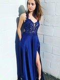 Royal Blue Elastic Satin Prom Dresses,Backless Evening Dress,PD00426