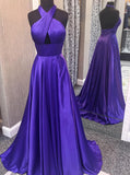 Purple Halter Chiffon Prom Dress,Evening Dress with Slit,Backless Party Dress with Train PD00123