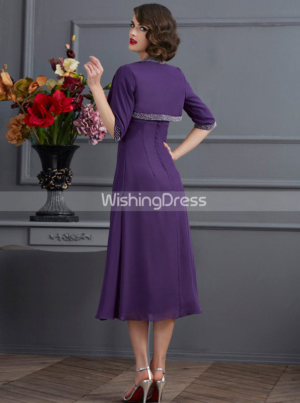 Purple Tea Length Mother of the Bride Dresses,Chiffon Mother of the Bride Dress with Jacket,MD00051 US16W / Dark Navy