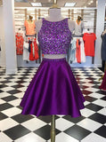 Purple Two Piece Homecoming Dresses,Beaded Satin Cocktail Dress,HC00174