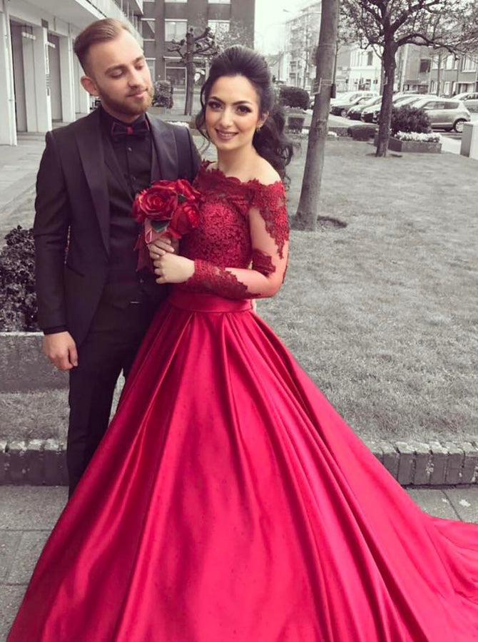 Red A-line Prom Gown,Off the Shoulder Prom Dress with Long Sleeves,Plu