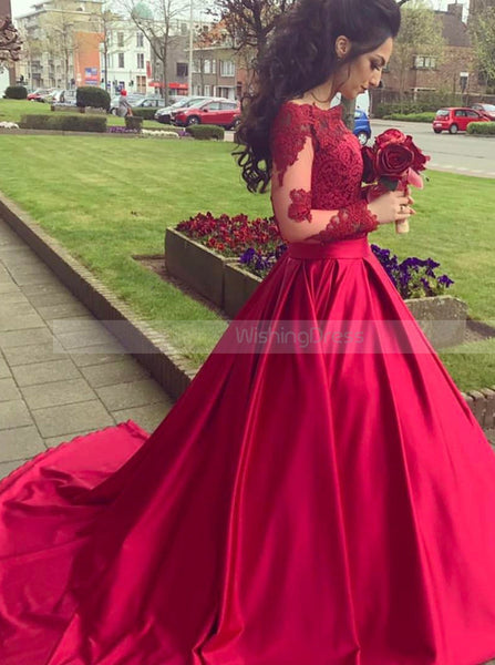 Red A-line Prom Gown,Off the Shoulder Prom Dress with Long Sleeves,Plus Size Prom Dress PD00042