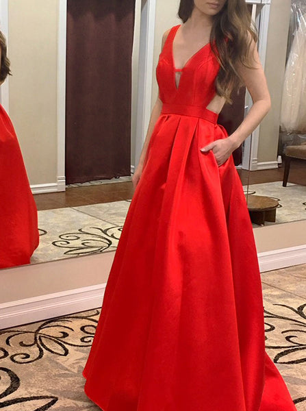 Red A-line Prom Gown with Pockets,Satin Long Prom Dress,Modest Evening Dress PD00066