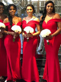 Red Bridesmaid Dress with Straps,Satin Mermaid Bridesmaid Dress,Full Length Bridesmaid Dress,BD00102