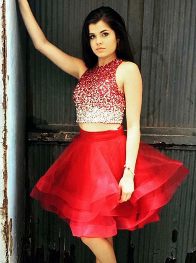 Red Cocktail Dresses,Two Piece Cocktail Dress,Sparkly Homecoming Dress