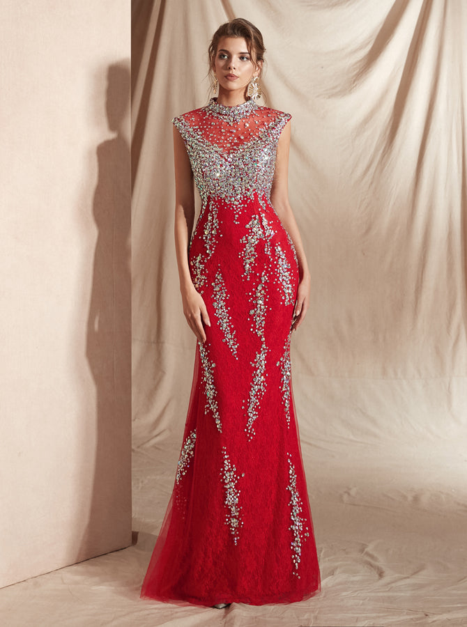 Red Fitted Evening Dresses,Sparkly Prom Dress,PD00412
