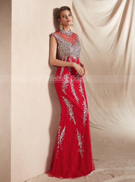 Red Fitted Evening Dresses,Sparkly Prom Dress,PD00412