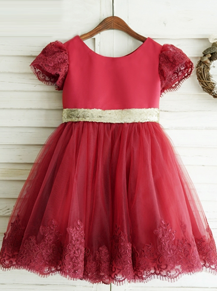 Red Flower Girl Dresses,Flower Girl Dress with Short Sleeves,FD00042