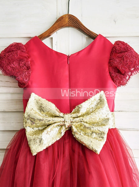 Red Flower Girl Dresses,Flower Girl Dress with Short Sleeves,FD00042