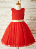 Red Flower Girl Dresses with Belt,Tea Length Flower Girl Dress,FD00025