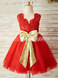 Red Flower Girl Dresses with Belt,Tea Length Flower Girl Dress,FD00025