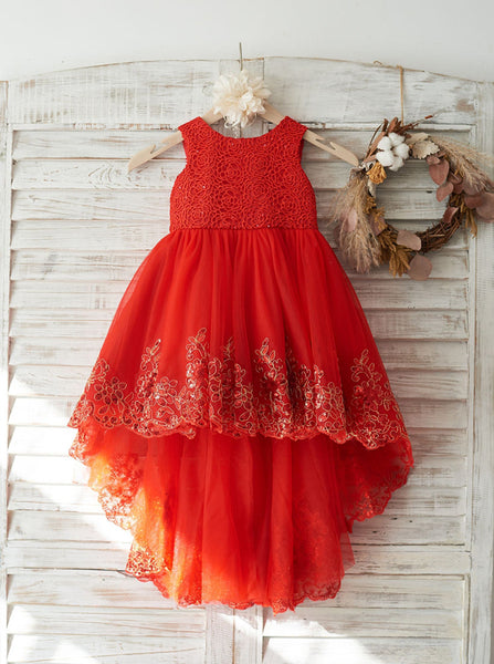 Red High Low Flower Girl Dress,Princess Girl Party Dress,FD00116