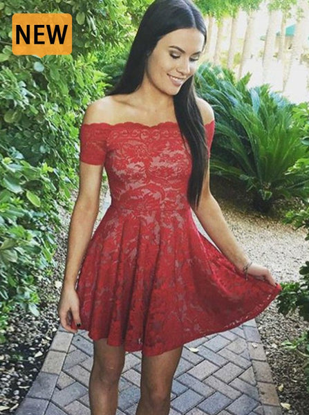 Red Homecoming Dresses,Lace Homecoming Dress,Off the Shoulder Homecoming Dress,HC00048