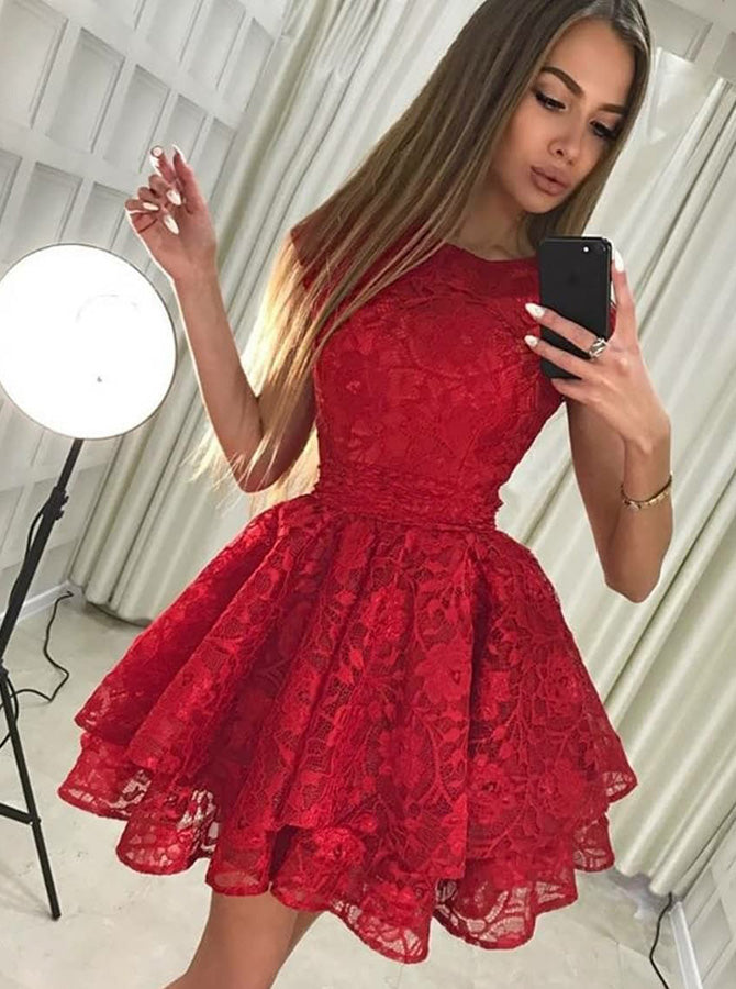 Red Homecoming Dresses,Lace Homecoming Dress,Short Homecoming Dress,HC