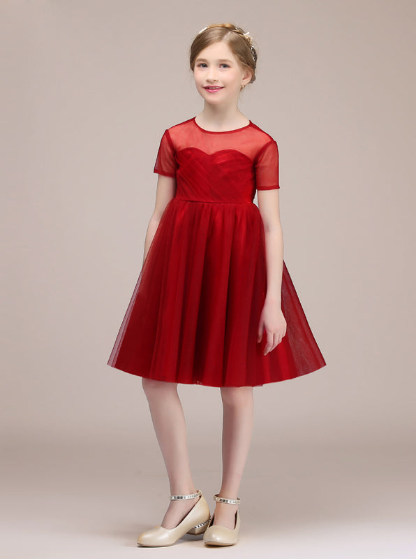 Red Junior Bridesmaid Dresses,Junior Bridesmaid Dress with Short Sleev