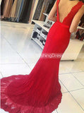 Red Lace Evening Dresses,Simple Fitted Prom Dress,PD00448