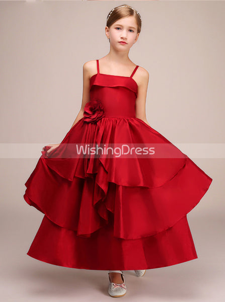 Red Layered Junior Bridesmaid Dress,Satin Junior Party Dress,JB00034