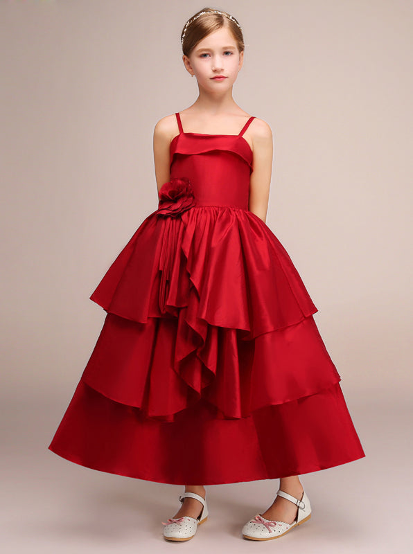 Red Layered Junior Bridesmaid Dress,Satin Junior Party Dress,JB00034