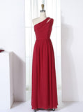 Red One Shoulder Bridesmaid Dresses,Chiffon Long Bridesmaid Dress,BD00310