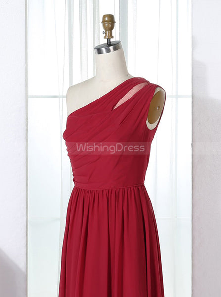 Red One Shoulder Bridesmaid Dresses,Chiffon Long Bridesmaid Dress,BD00310