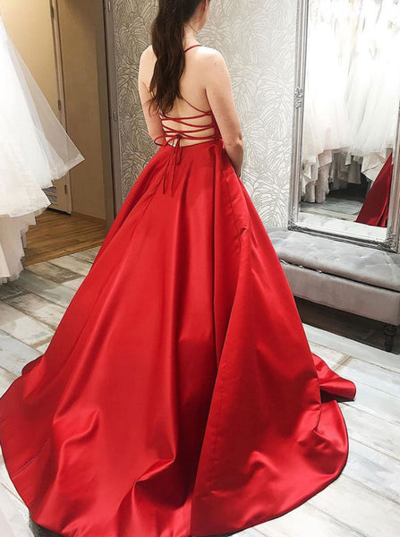 Red Prom Dress with Open Back,A-line Satin Prom Dress,PD00462