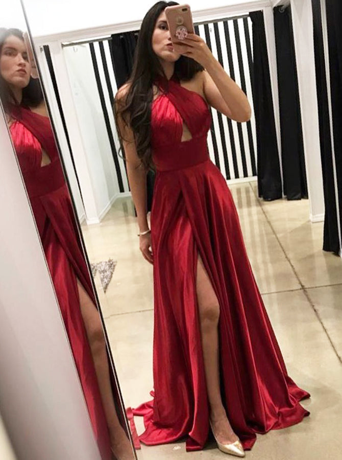 Red Prom Dress with Slit,Backless Prom Dress with Sweep Train,Long Pro
