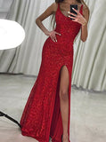 Red Scoop Neck Prom Dress,Sparkly Evening Dress,Long Beaded Evening Dress with Slit PD00106