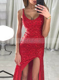 Red Scoop Neck Prom Dress,Sparkly Evening Dress,Long Beaded Evening Dress with Slit PD00106