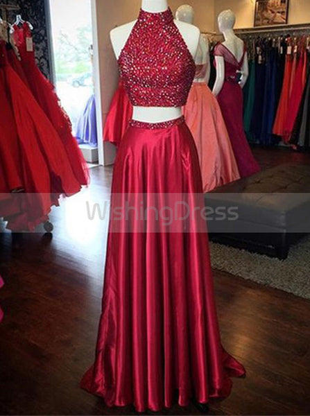 Red Two Piece Prom Dress,Satin Floor Length Evening Dress,Prom Dress with Slit PD00078