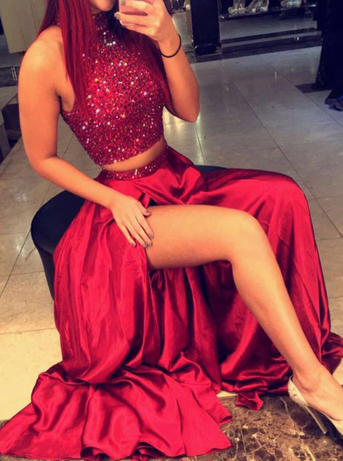 Red Two Piece Prom Dress,Satin Floor Length Evening Dress,Prom Dress with Slit PD00078 US14 / Red